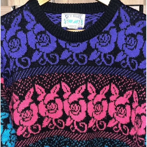 Sky Blue Waters Sweaters - Vintage Rainbow Rose Knit Sweater Women M 3/4 Sleeve Colorblock Floral‎ Y2K